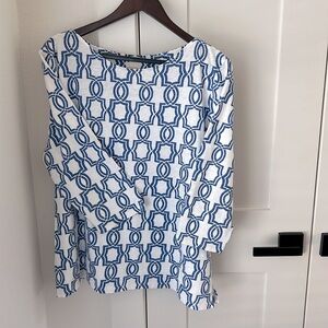 CHICO’s Knit Bethany Boatneck‎ French Blue ¾ sleeve Trellis Print XL